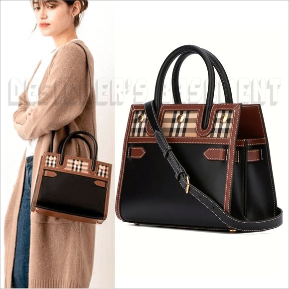 BURBERRY black Leather & Vintage Check Baby TITLE Mini Tote convertible bag NWT - Picture 1 of 11